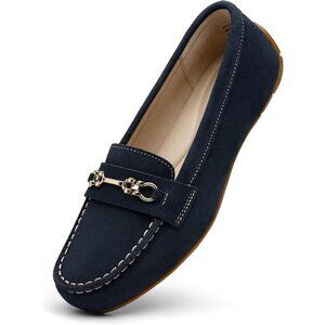 Kordal Women's Navy Leather Gold Accent Buckle Slip-Ons Comfortable Loafers